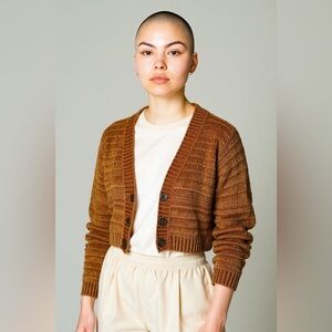 Women’s Cozy Soft cropped Chenille Cardigan L Gold Tan